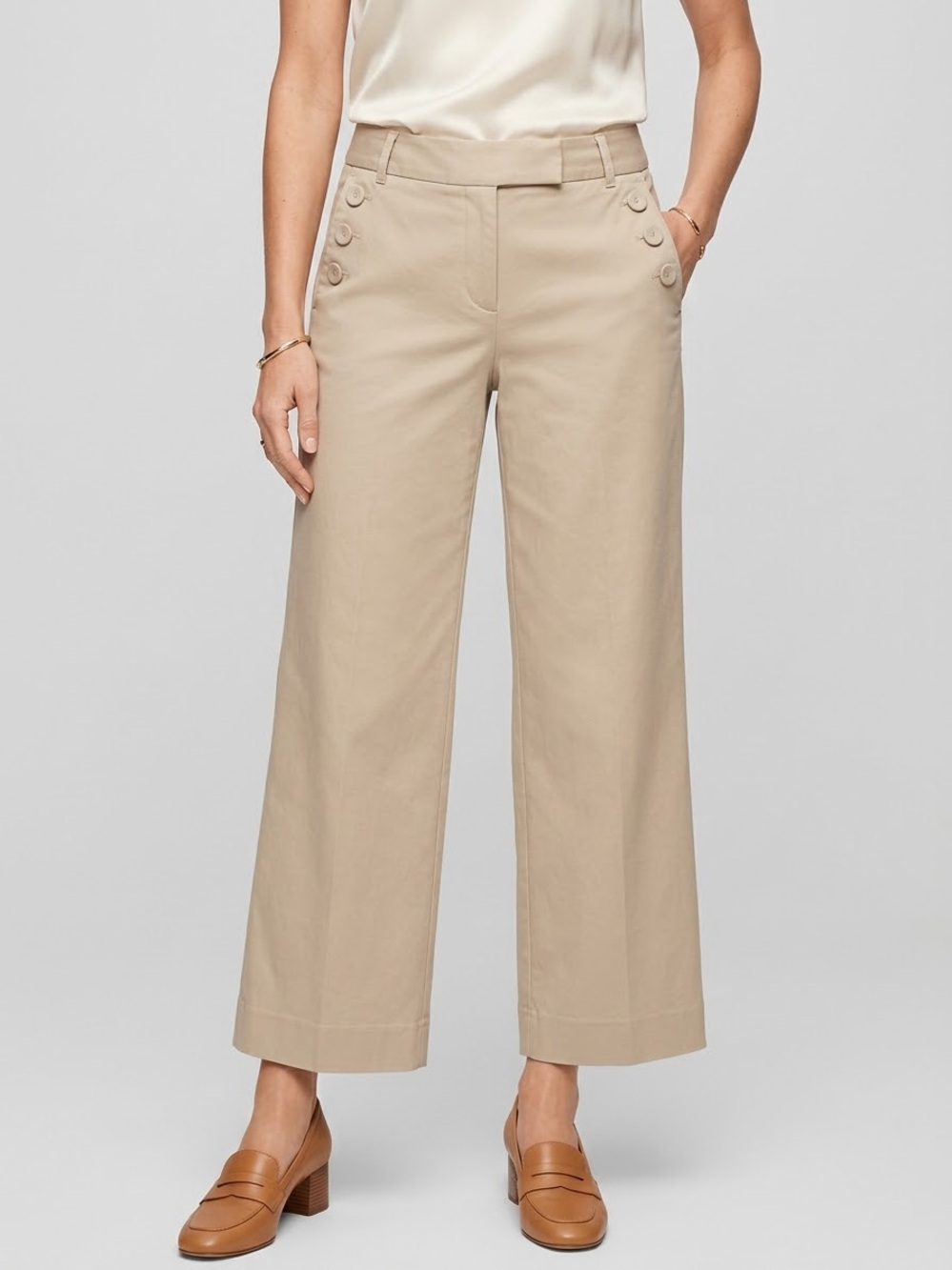Talbots Beige Stretch Cotton Sailor Accent Wide Leg Pants Size 6 Extra Buttons